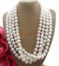 

very good AAA Natural 4Strds 9-10MM White Pearl Necklace 14KGP gold plated Fine women jewelry free shipping