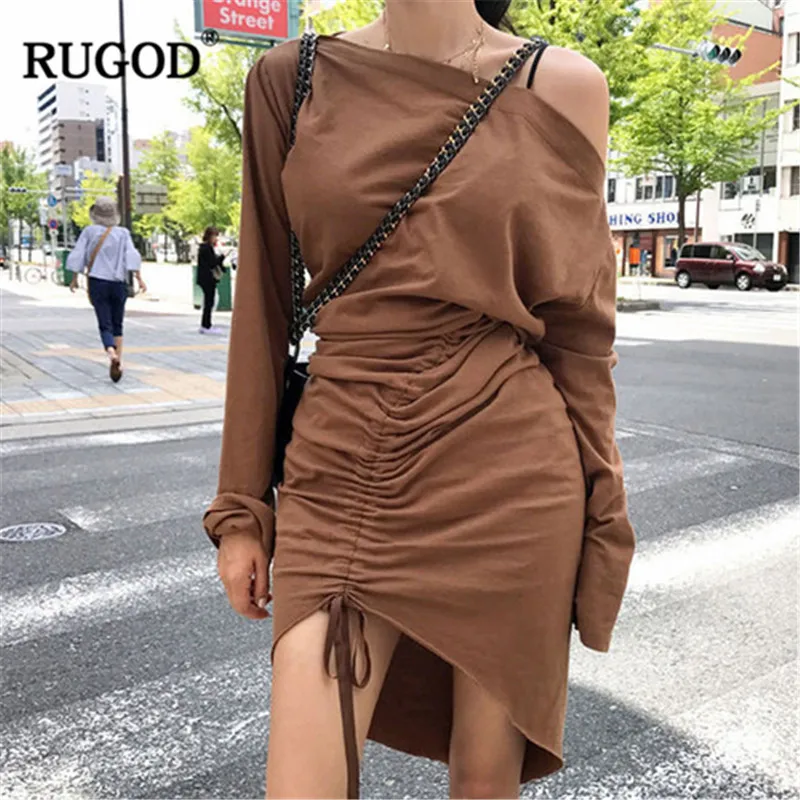 

RUGOD side open sexy women dress middle-tied slash neck off shoulder mini bodycon solid summer party wearing femme sukienki