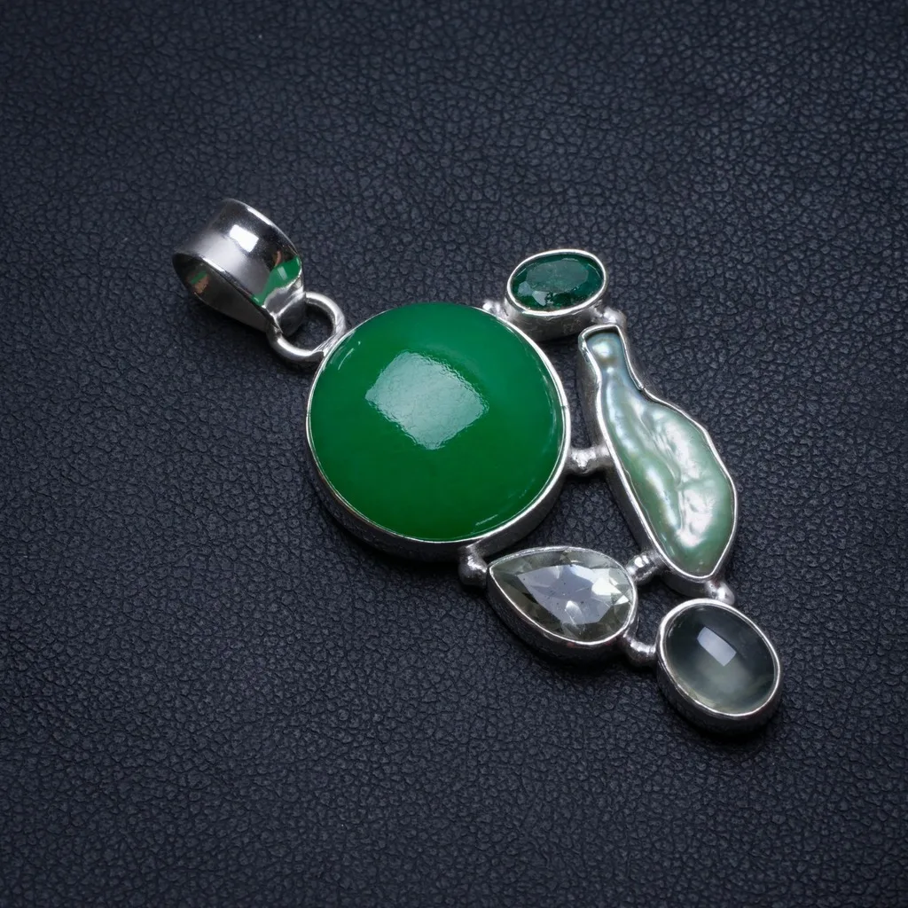 

Chrysoprase,Emerald,Green Amethyst,Biwa Pearl and Prehnite Handmade 925 Sterling Silver Pendant 2" T2683