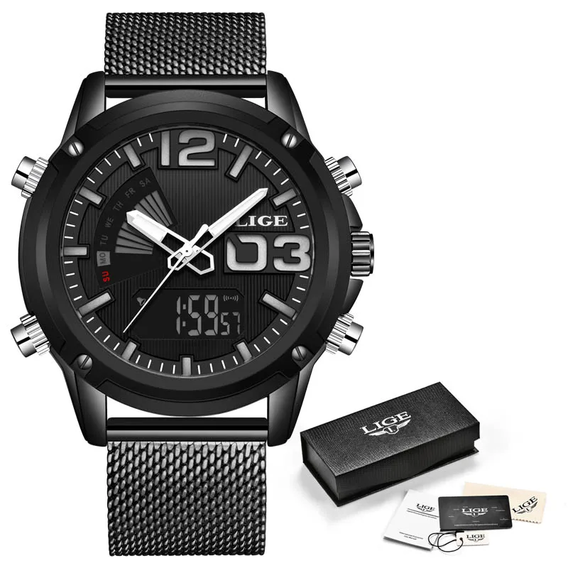 LIGE аналоговые цифровые мужские часы Топ люксовый бренд из нержавеющей стали спортивные часы мужские модные водонепроницаемые наручные часы мужские+ коробка - Цвет: Black White