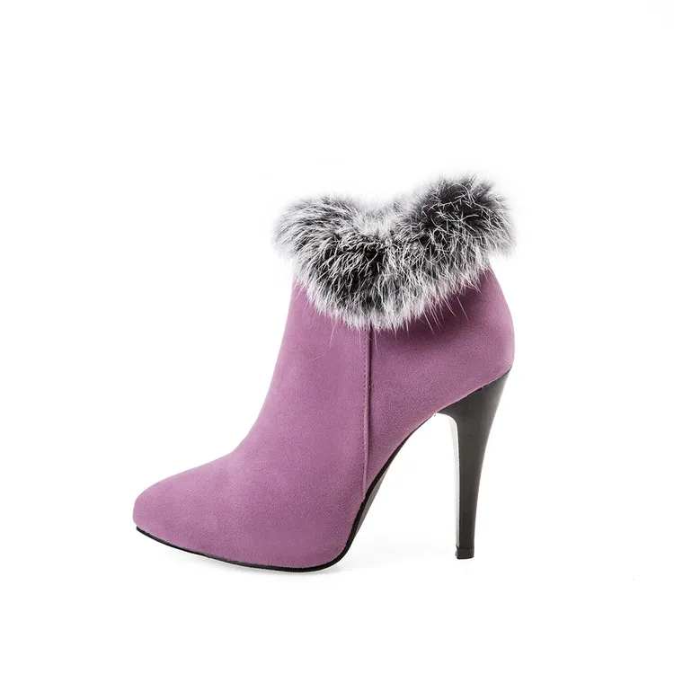 Г. Зимние ботинки большой размер 33-45, новые женские ботинки с острым носком, пикантные Ботильоны на каблуке, модная зимняя обувь повседневные зимние ботинки, T056 - Цвет: Лаванда