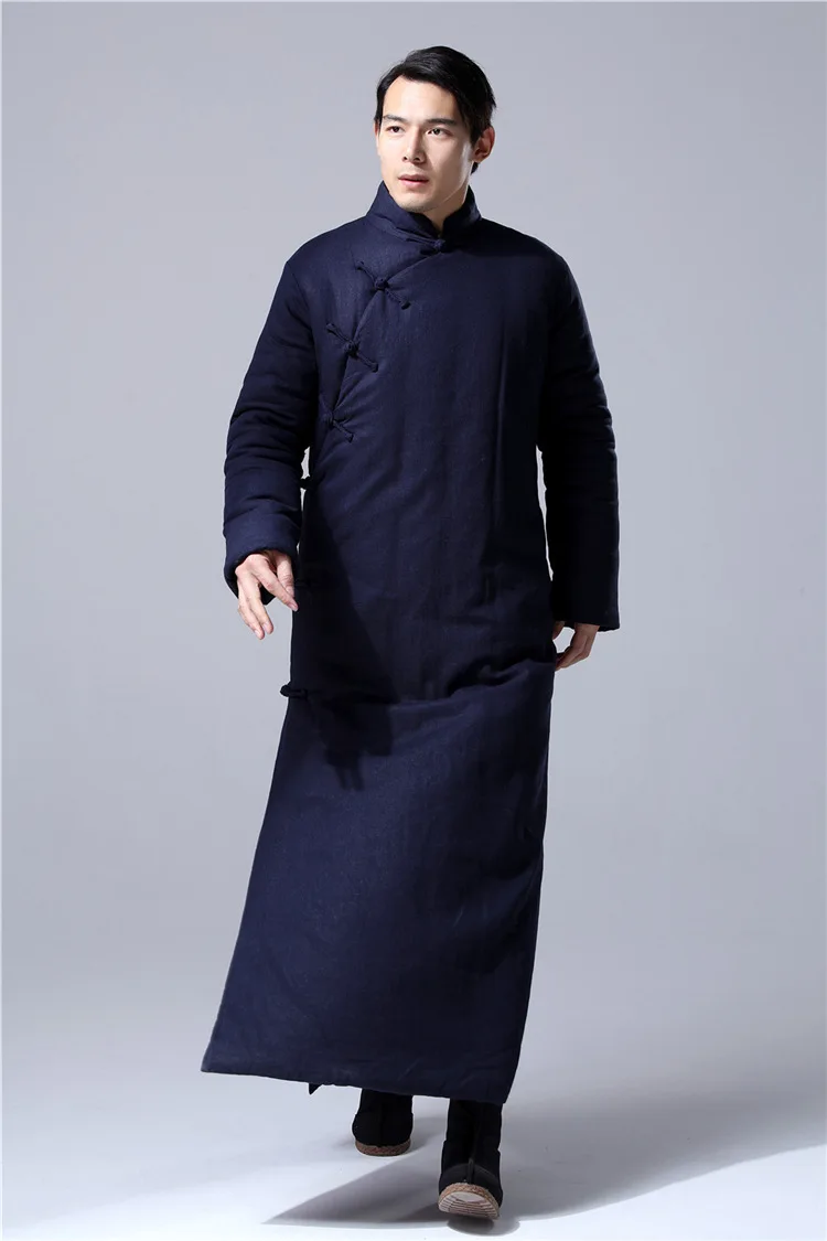 Китайский традиционный зимний мужской ретро пеньковый хлопковый мягкий длинный халат китайский стиль толстый свободный льняной длинный халат