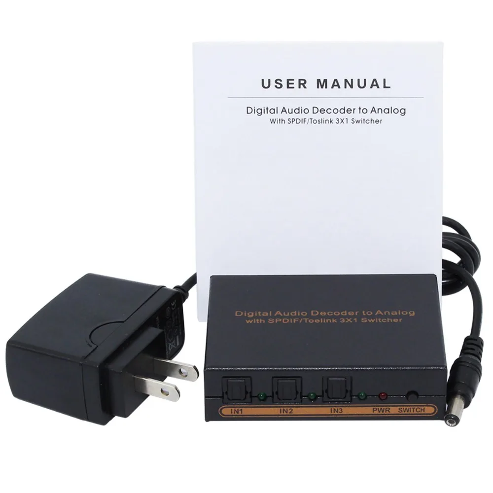 

Digital to Analog Audio Decoder Converter with SPDIF/Toslink 3X1 Switch Support 5.1 Channel Audio SPDIF+L/R Headphones Audio