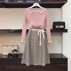 Для девочек на осень 2018 новые женские с длинным рукавом розовый вязаный свитер + клетчатая юбка Высокая талия юбка два предмета Длинные