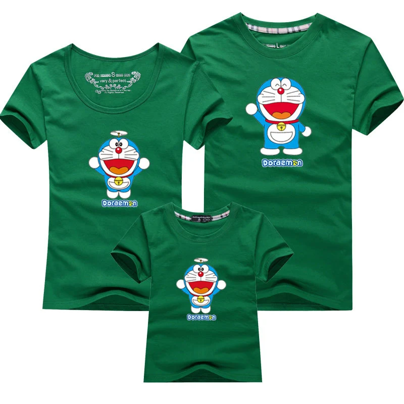 Doraemon/Новая летняя детская одежда для мальчиков и девочек Свободная Женская футболка с короткими рукавами одинаковые комплекты для отдыха для детей - Цвет: Green