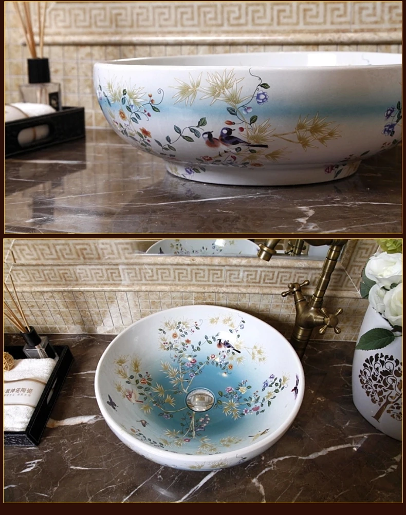 China Painting bird and flower Ceramic Sinks Counter Top Wash Basin Bathroom Sink vessel decorative bathroom chinese wash basin (1)