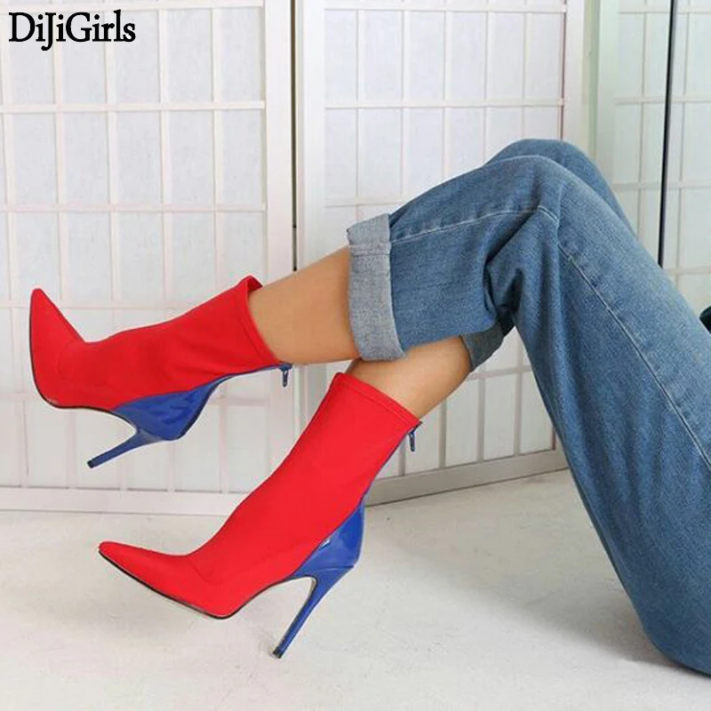 

35-42 Plus Size Women High Heel Boots Sexy Elastic Fabric Ankle Boots Autumn Red Party Dress Shoes Women Stiletto Heel Boots