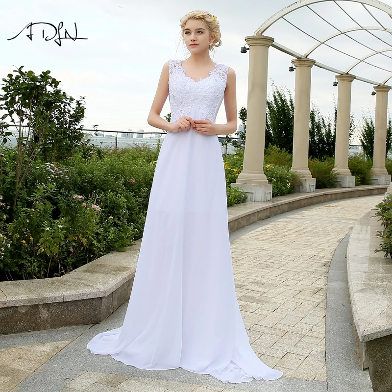 Adln Cheap Beach Wedding Dresses With Appliques V Neck Chiffon