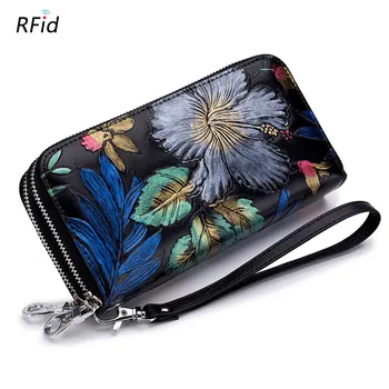 

2019 Genuine Leather Wallet Women Flower Print Double Zipper Long Clutch Female Purse Rfid Card Holder Wallet portemonnee DC373