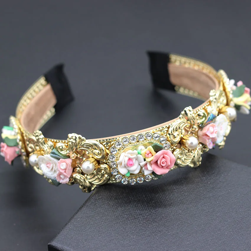 

Metal circle porcelain flower palace headband New fashion Baroque metal porcelain flower rhinestone geometric headband 864