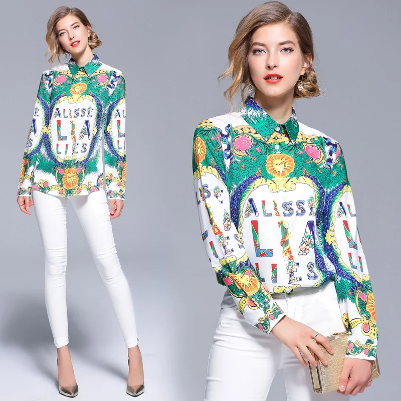 

New 2019 Spring Summer Fall Vintage Print Collar Button Front Long Sleeve OL Turn-Down Neck Women Party Casual Top Shirt Blouse