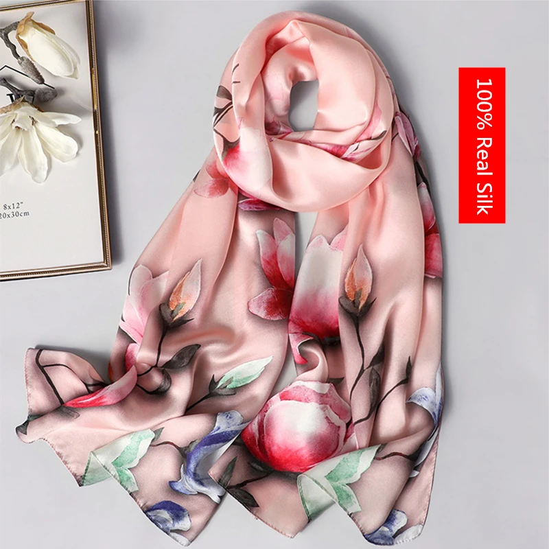 

100% real silk scarf women Flower and bird pattern shawls wrap ladies long soft pashmina high quality foulard femme winter scarf