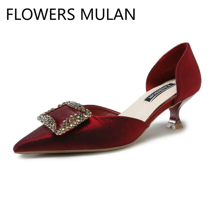 

Red Beige Black Velvet Women Pumps Pointed Toe Slip On Luxury Designers Ladies Shoes Bling Crystal Square Buckle Wedding Shoes