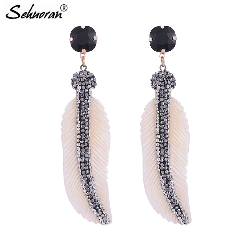 

Sehuoran Brincos Feather Wedding EArring Oorbellen Shell Crystal Long Drop Earrings For Women Statement Earrings Trendy Jewelry