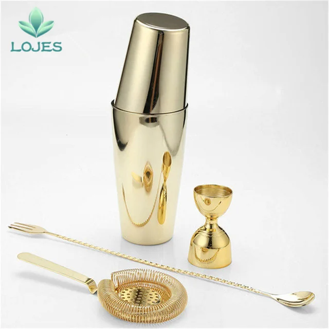 

Cocktail Shaker Bar Set - Barware With Double Measuring Jigger and Mixing Spoon Tin On Tin Cocktail Shaker Ice Strainer