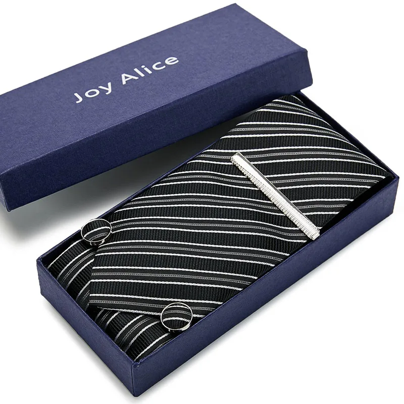 

8cm Wide Black striped Classic Mens Neckties set Fashion Party Man Tie, Handkerchief, Pin and Cufflinks Gift Box Packing