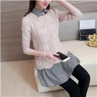 2017-Autumn-Knitted-Cotton-Shirt-Women-Two-Piece-Top-Turn-Down-Collar-Long-Sleeve-Winter-Plus