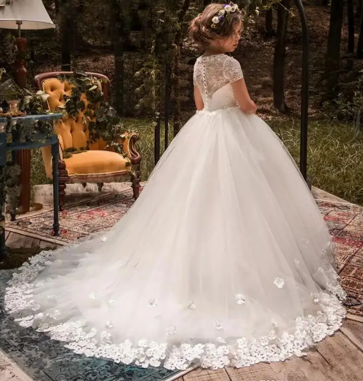 

White Ball Gown 3D Floral Appliqued Flower Girls Dresses For Wedding Lace Little Kids First Communion Dress Size 2-16Y