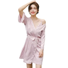 Летний розовый китайский свадебный халат невесты, Женский атласный комплект из 2 предметов, ночная и Домашняя одежда, Цветочный пеньюар с кружевной отделкой, Неглиже