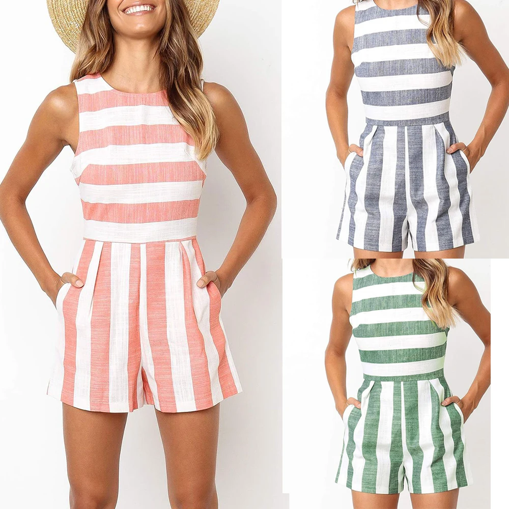 

2019 fashion summer Multicolor stripes women's loose jumpsuit beach style O-neck sleeveless regular Rompers