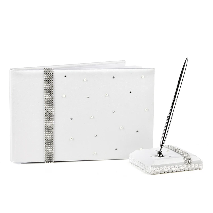 

Free shipping sparkle diamond decorated Wedding Guest Book and Pen Set With white Sash 1078