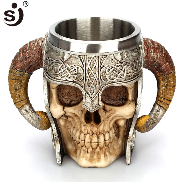 Taza de calavera de acero inoxidable doble SJ, jarra de cerveza, jarra de  café, té, agua,