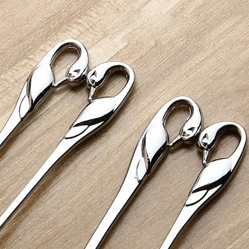 FHEAL Creative Kitchen Dining Bar Swan Dinnerware Spoons Forks Alloy Silver Coffee Spoon Two Teeth Fruit Dessert Forks Flatware (5)