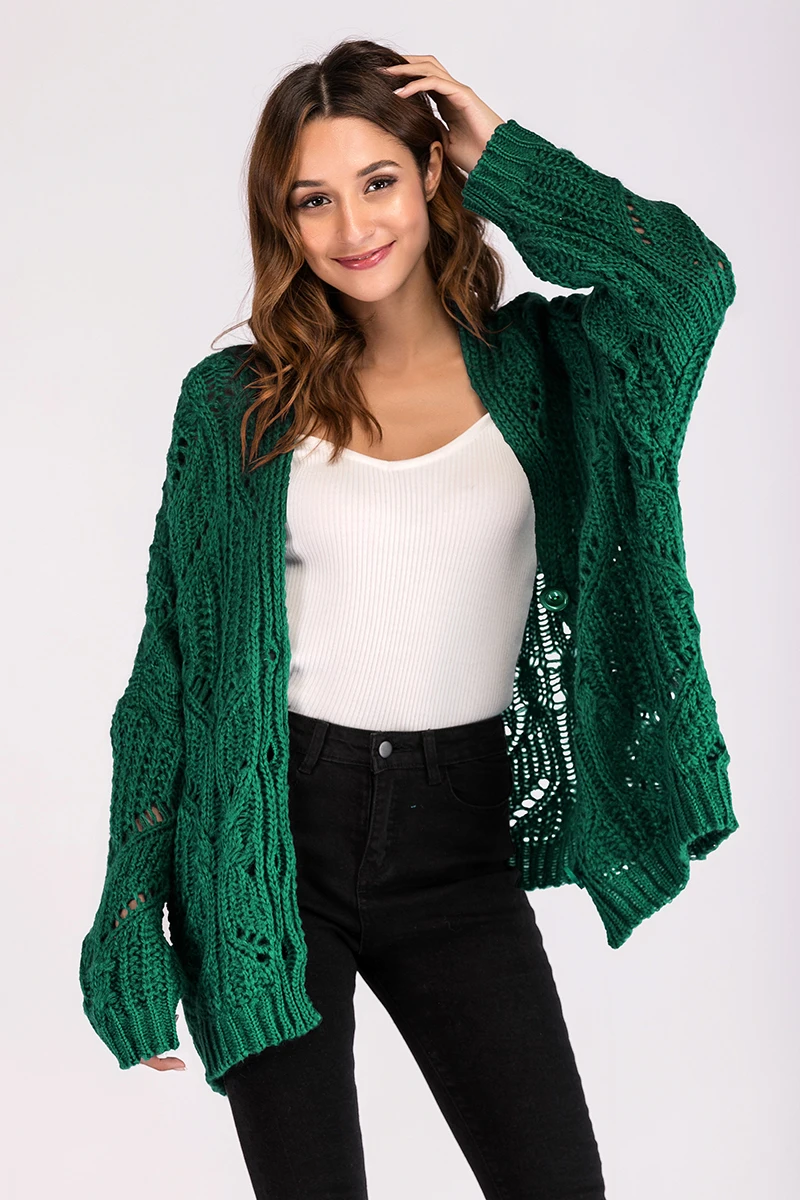Зеленый большой кардиган свитера женские осень зима v-образный вырез свободная шаль с длинным рукавом Верхняя одежда Повседневный вязаный женский свитер