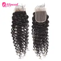 AliPearlผมบราซิลคลื่นลึกลูกไม้ปิด4X4นิ้วฟรีส่วนปิดด้วยเด็กผมRemyมนุษย์ผมสี1bจัดส่งฟรี
