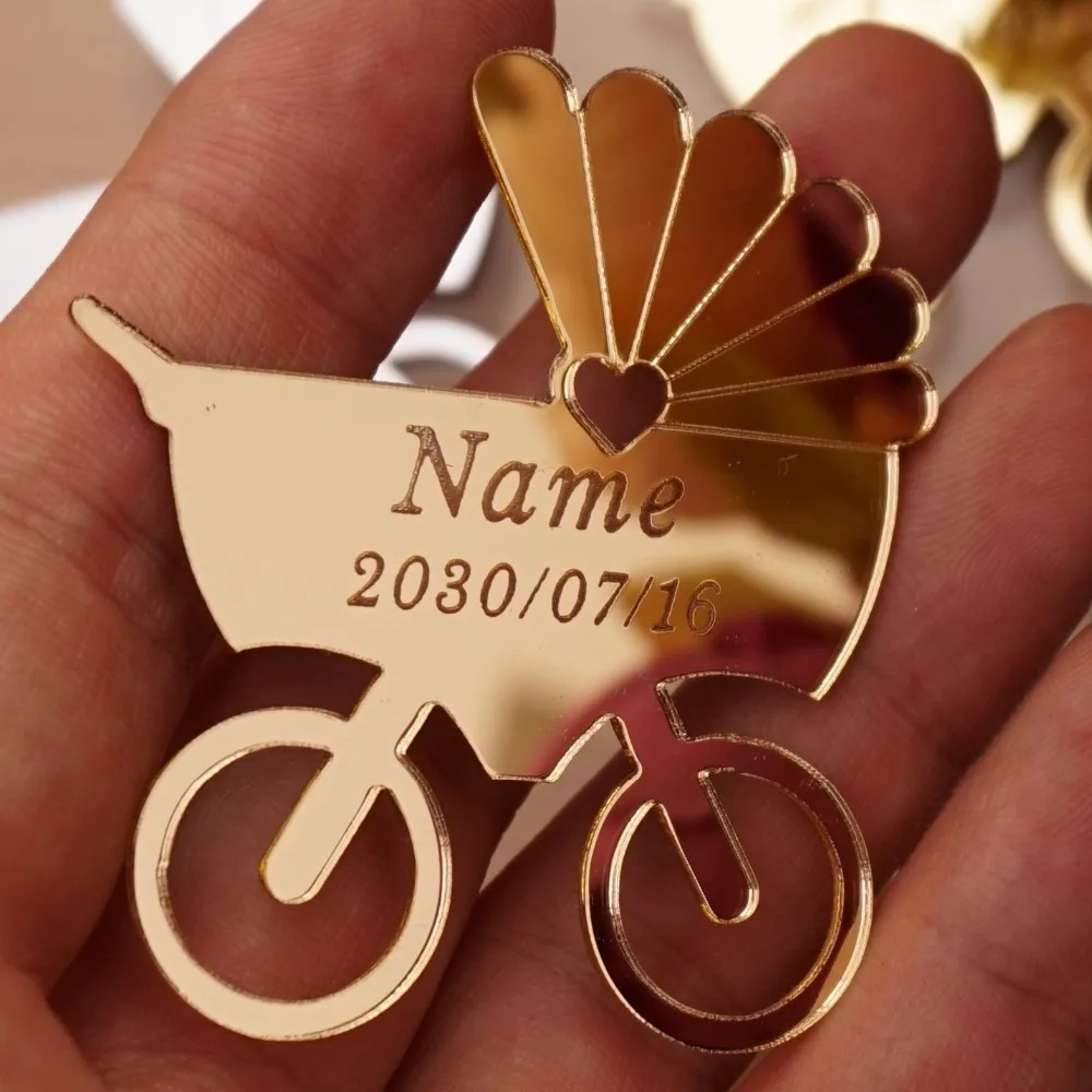 

30 Pieces 6cm Cute Baby Carriage Custom Personalized Name Mirror For New Birth Born Acrylic Stickers Babyshower Decor Tags Favor
