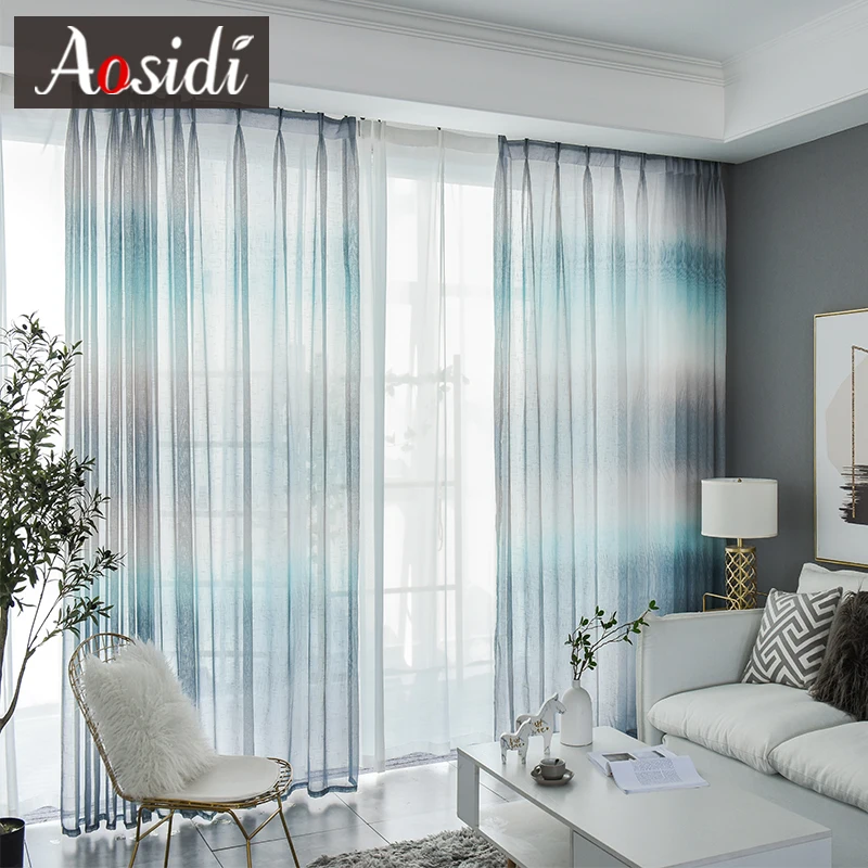 AOSIDI, современные льняные тюлевые шторы для гостиной, спальни, на окно, Радужный градиент, в полоску, отвесные шторы, драп, 3D - Цвет: Blue tulle curtains
