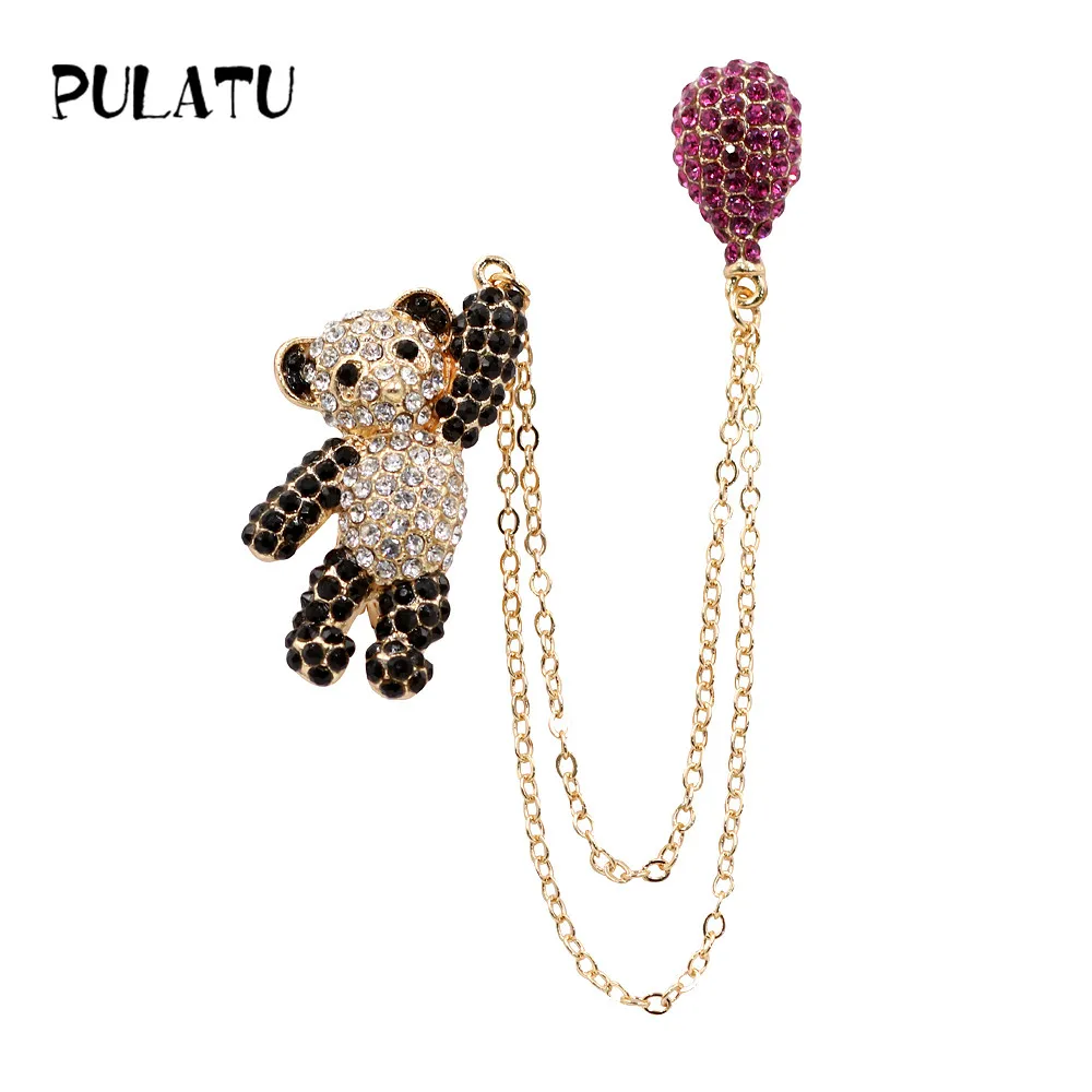 

PULATU Rhinestone Panda and Balloon Brooch Pins for Women Fashion Collar Badge Chain Broach Jewelry Kids Clothes Accessories