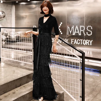 

2020 New Velvet Evening Dresses Long Mermaid Black Formal Dress Sequined Abendkleider Women robe de soiree longue LYFY76