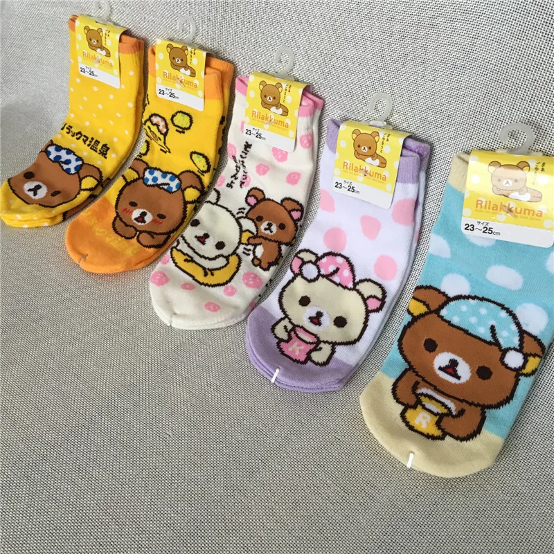 Rilakkuma/носки для костюмированной вечеринки в горошек с рисунком медведя; модные милые забавные Жаккардовые Женские носки; Летние Удобные желтые хлопковые короткие носки