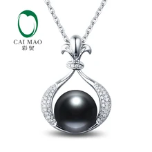 Женский 14k белый золотой 11 мм круглый черный жемчуг бриллиант для помолвки кулон на Рождество