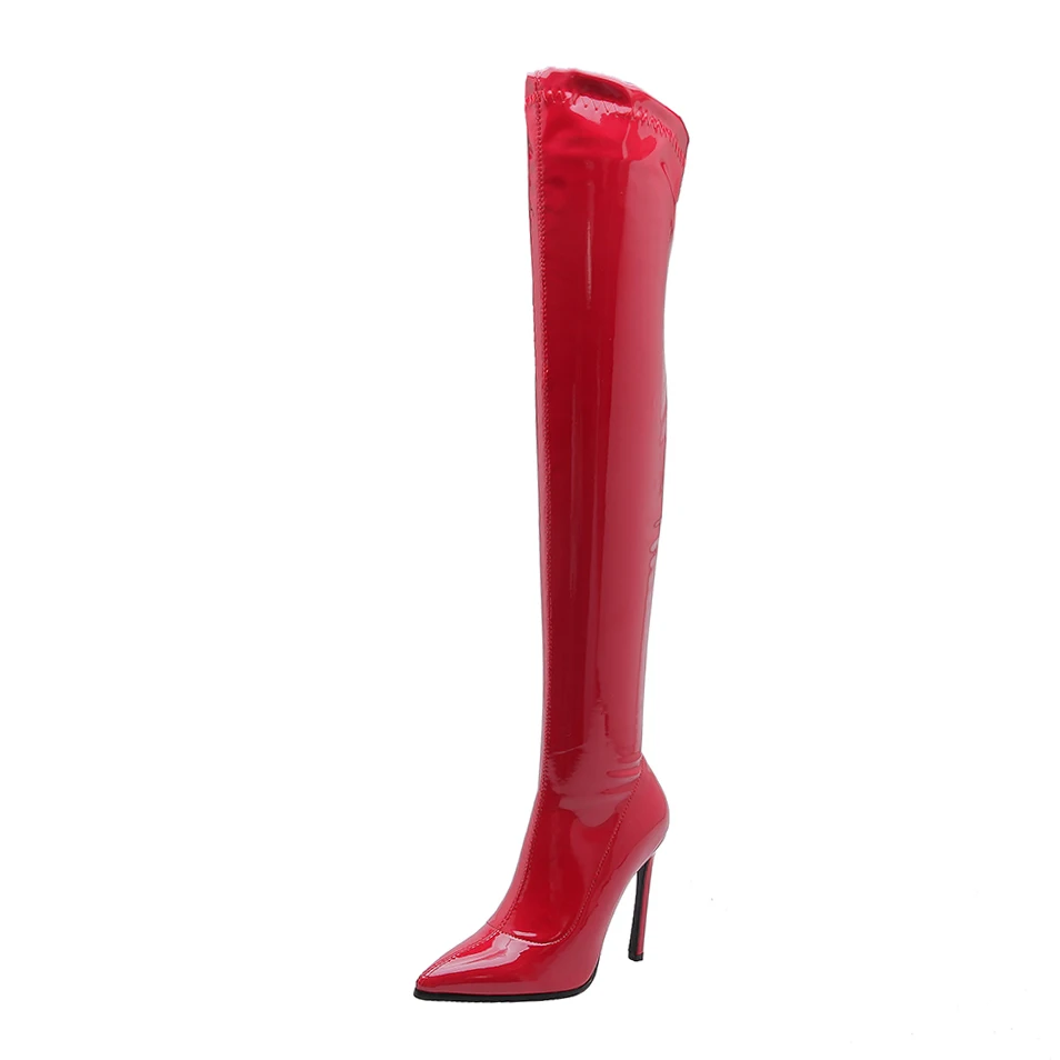 CDPUNDARI/пикантные Сапоги выше колена на высоком каблуке; женские облегающие высокие сапоги; женская зимняя обувь с острым носком; цвет черный, красный