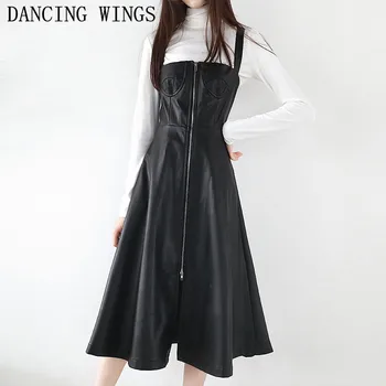 

Autumn Fashion Zipper Green Black Sleeveless Strap Women Dress Long PU Leather Dresses Vestidos Mujer