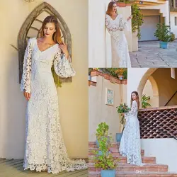 Robe de mariage 2019 элегантные кружевные расклешенные с длинным рукавом пляжные свадебные платья с v-образным вырезом на спине трапециевидные