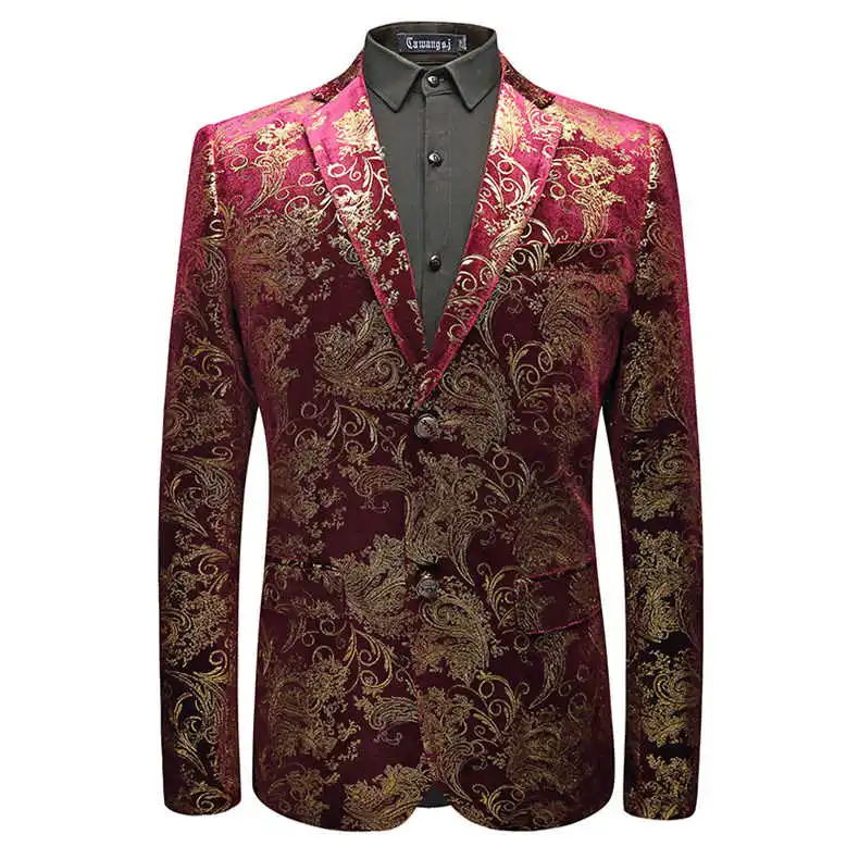 Бархатный Серебряный Блейзер, мужские куртки с цветочным принтом пейсли, винный красный золотой сценический пиджак, элегантный свадебный Мужской Блейзер размера плюс M-6XL - Цвет: Purple Red