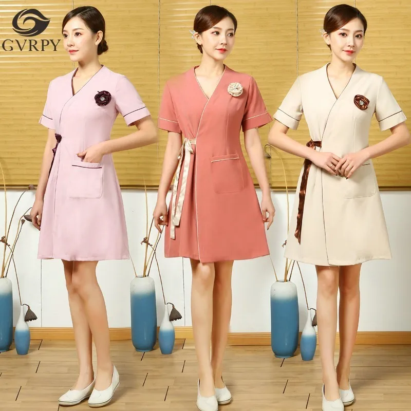 

V-neck Beauty Salon Overalls Woman Solid Color Nurse Uniform Adjustable Ribbon Fashion Cosmetologist Dress Summer Short Sleeve