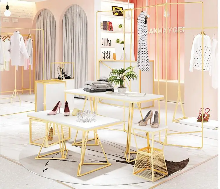 Clothes store hangers display rack gold clothes rack women's clothing store shelves display rack floor-to-floor island rack.