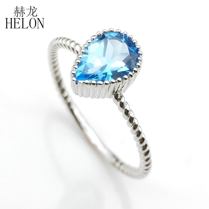 

HELON Real 925 Sterling Silver 5x7mm Pear Cut 100% Genuine Natural Blue Topaz Engagement Ring Women Wedding Vintage Fine Jewelry
