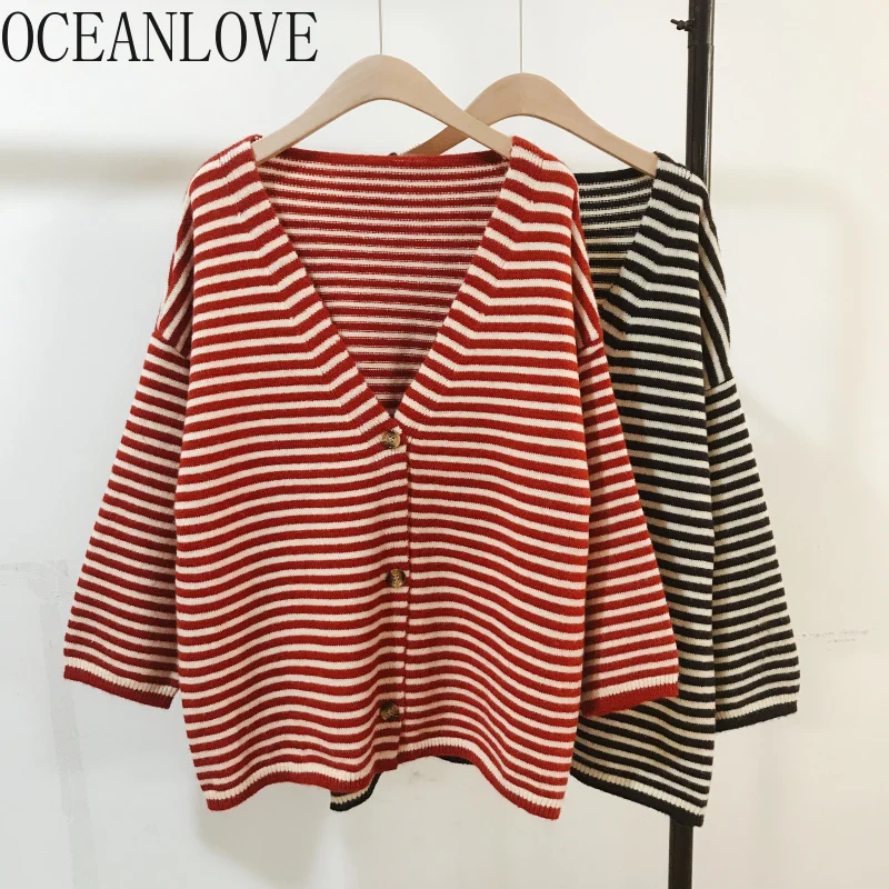 

OCEANLOVE Striped Single Breasted Cardigan V Neck Loose Outwear Women Sweater Autumn Winter 2020 Fashion Chaqueta Mujer 12681