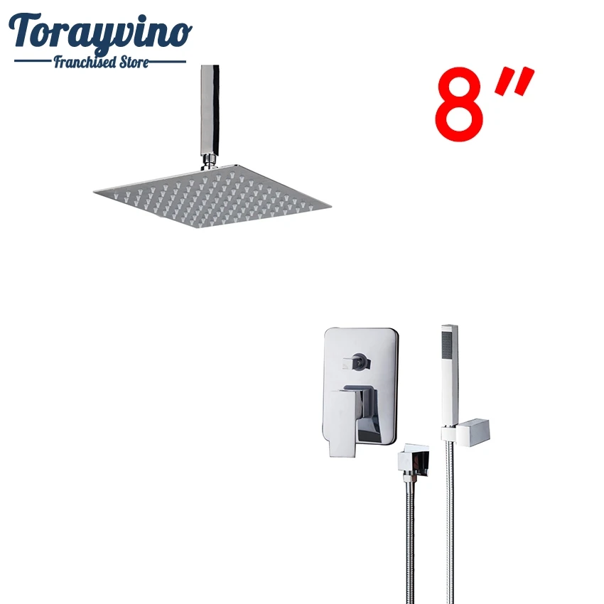 

Torayvino Shower Set Top Ceiling Mount 8" Ultra-thin Rainfall Shower Head&Control Valve Wall Mounted Hot&Cold Water Mixer
