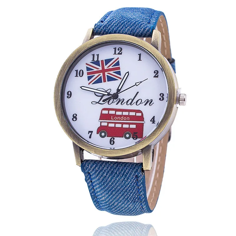 

Vintage Jeans Strap Watch for Women Leather Bus UK Flags Watch Fashion Casual Wrist Watch Relogio Feminino Drop Shipping