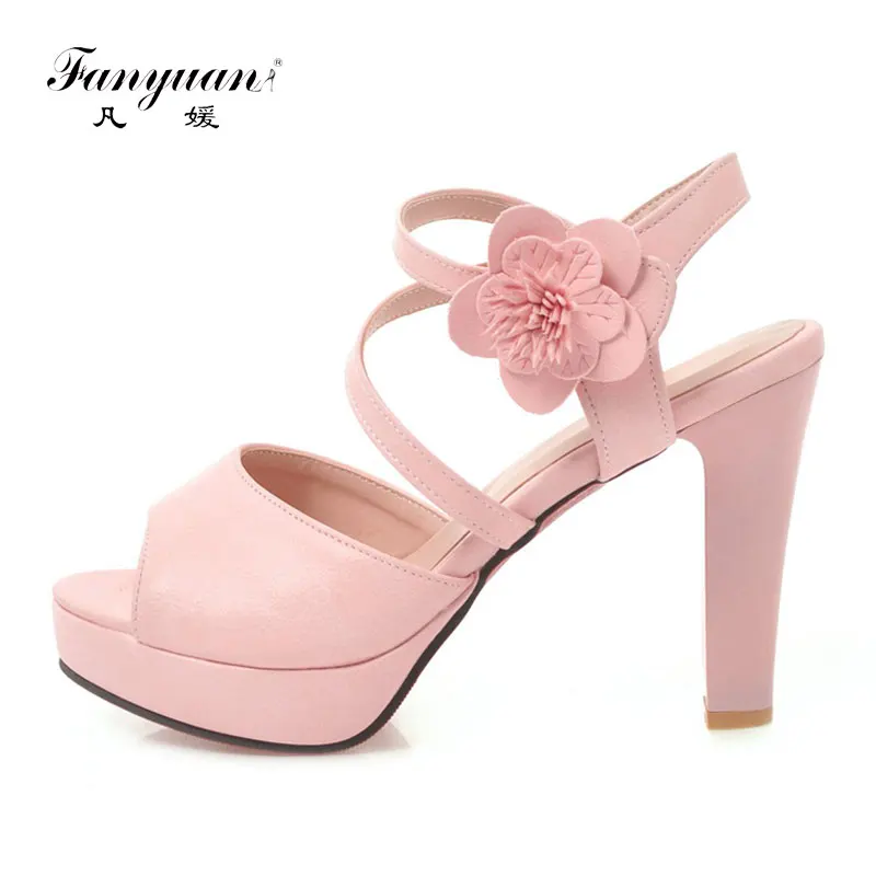 

Fanyuan Heeled Sandal Women Flower Ankle Strappy Heels Open Toe Female's Summer Footwear Thick Heel Evening Wedding Party Shoes