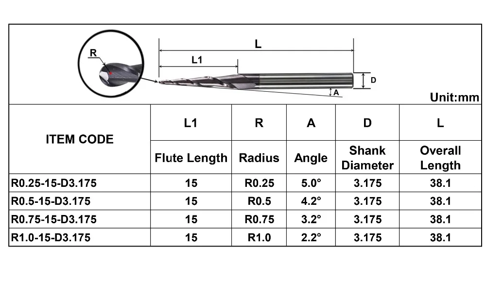 5pcs/lot Tungsten Solid Carbide Inch size 3.175mm Ball Nose Tapered End Mill Router Bits cnc Taper Wood Metal Milling Cutter