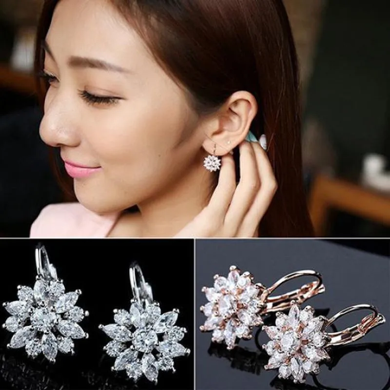 

YWOSPX 2018 Christmas Gift Zircon Earing Gold Silver Color Snowflakes Hoop Earrings for Women Jewelry Engagement Wedding Brincos