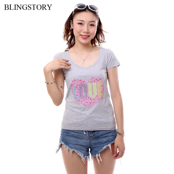 

BLINGSTORY Summer Bead Graphic Big Size Basic T Shirt Letter Printed Woman Tops S-6XL