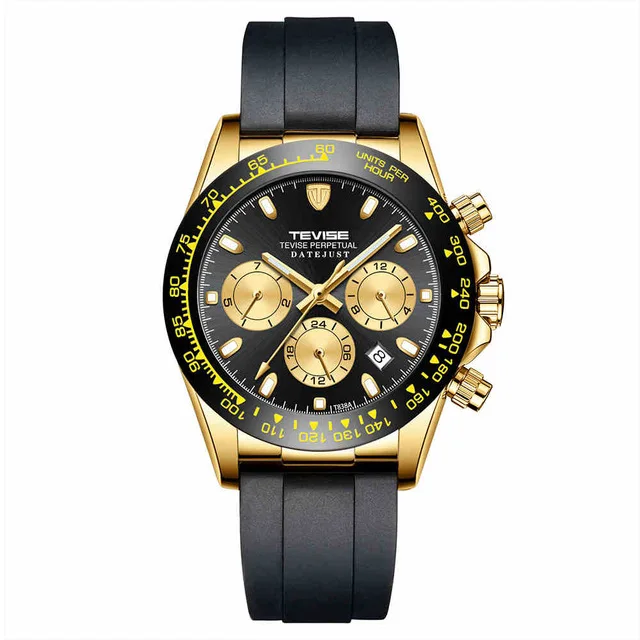 Новые модные TEVISE золотые черные Автоматические Мужские часы механические часы мужские силиконовые многофункциональные спортивные часы Relogio Masculino - Цвет: Черный